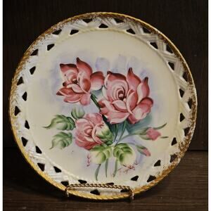 VTG Norleans Reticulated Plate Roses Handpainted Artist Signed Japan Gold Trim